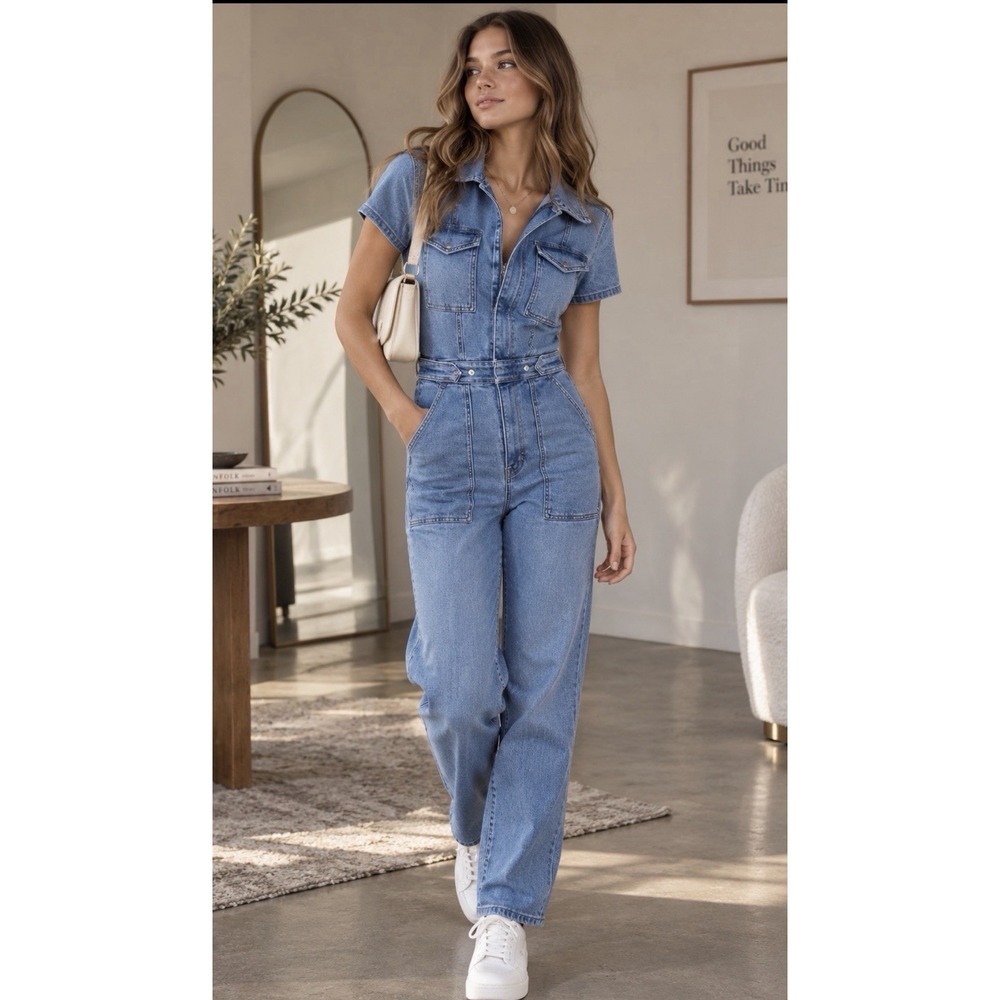 Good American Denim Jumpsuit Women's Medium Blue Fit for Success Utility Pockets